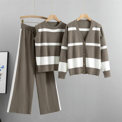 Relaxed Fit Stripe Vest and Cardigan and Wide-leg Pants Set