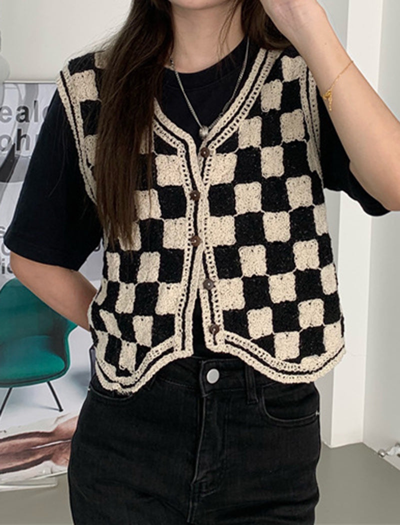 Crochet Checkered Button-Up Vest