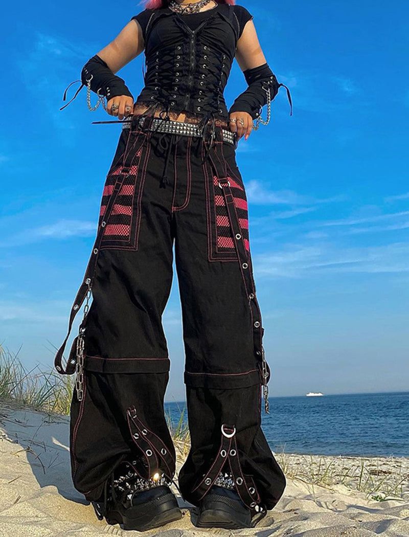 Color-Block Striped Mesh-Panel Wide-Leg Pants