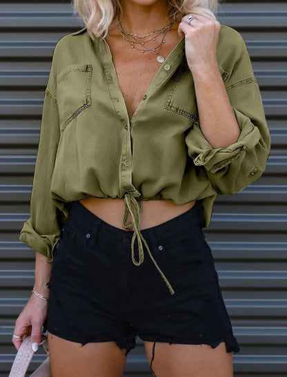Drawstring Denim Crop Shirt