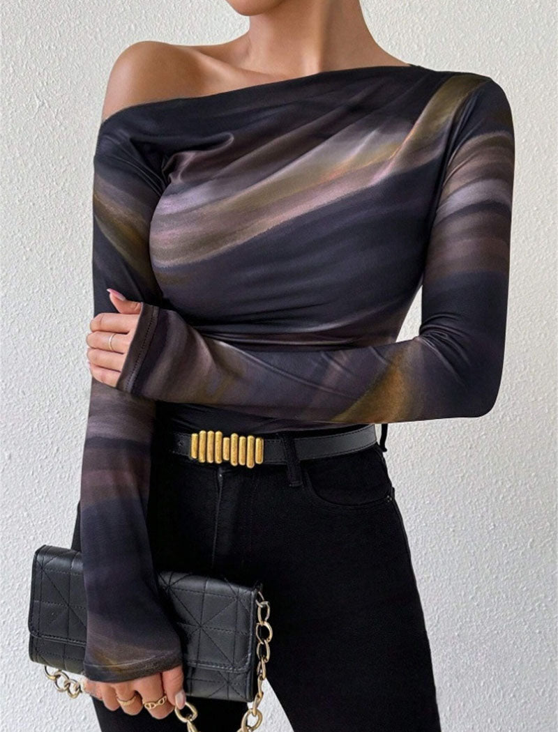 One-Shoulder Long-Sleeve Ruched Top