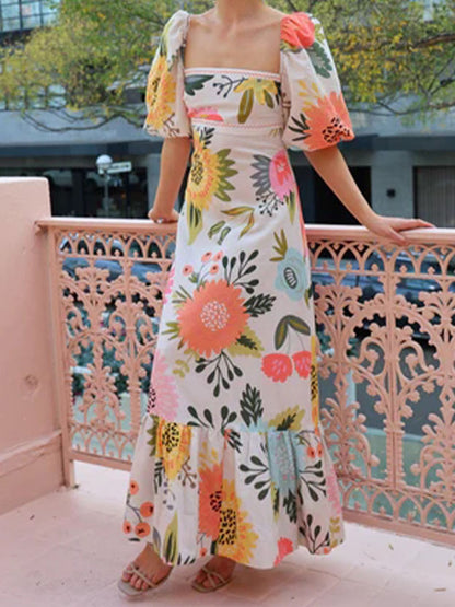 Floral Print Puff Sleeve Maxi Dress