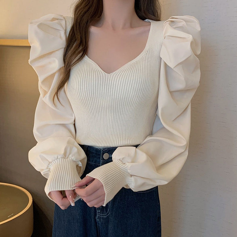 Puff Sleeve Square Neck Knit Top