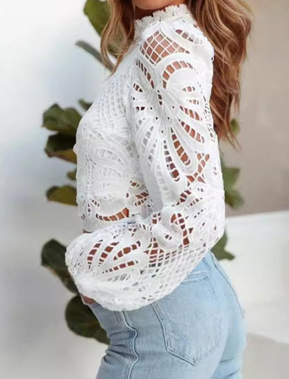 Lace Cut Out Zip-Up Long Sleeve Blouse