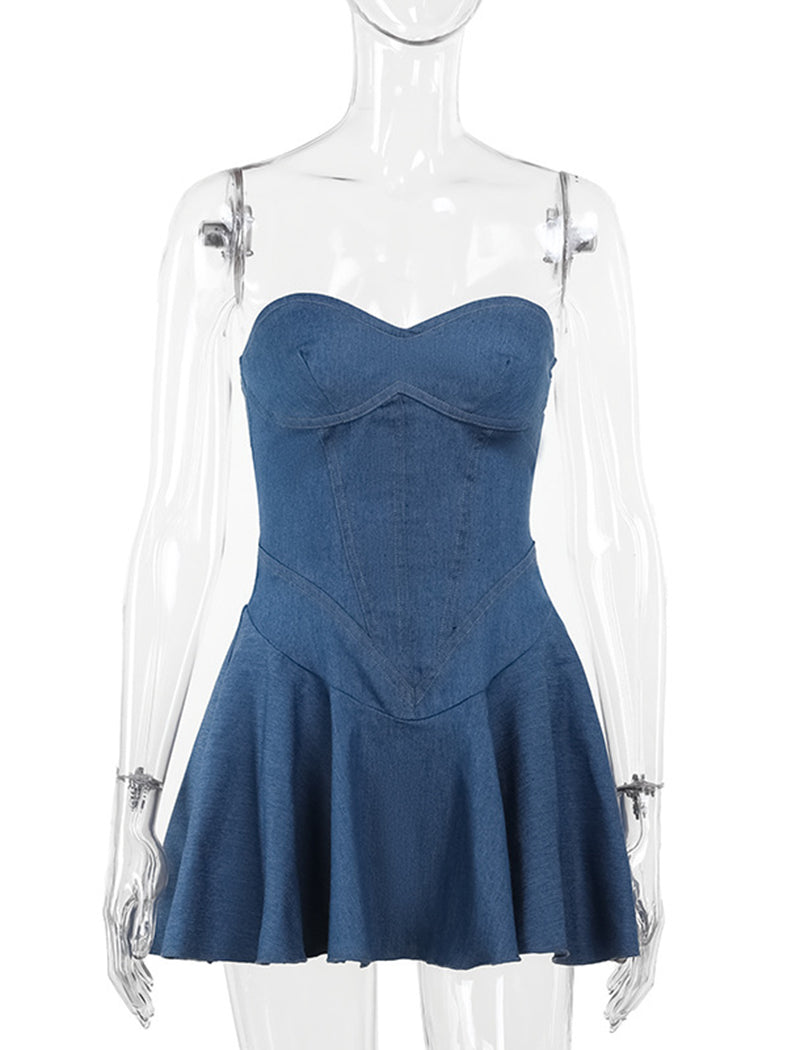 Flared Hem Strapless Denim Mini Dress