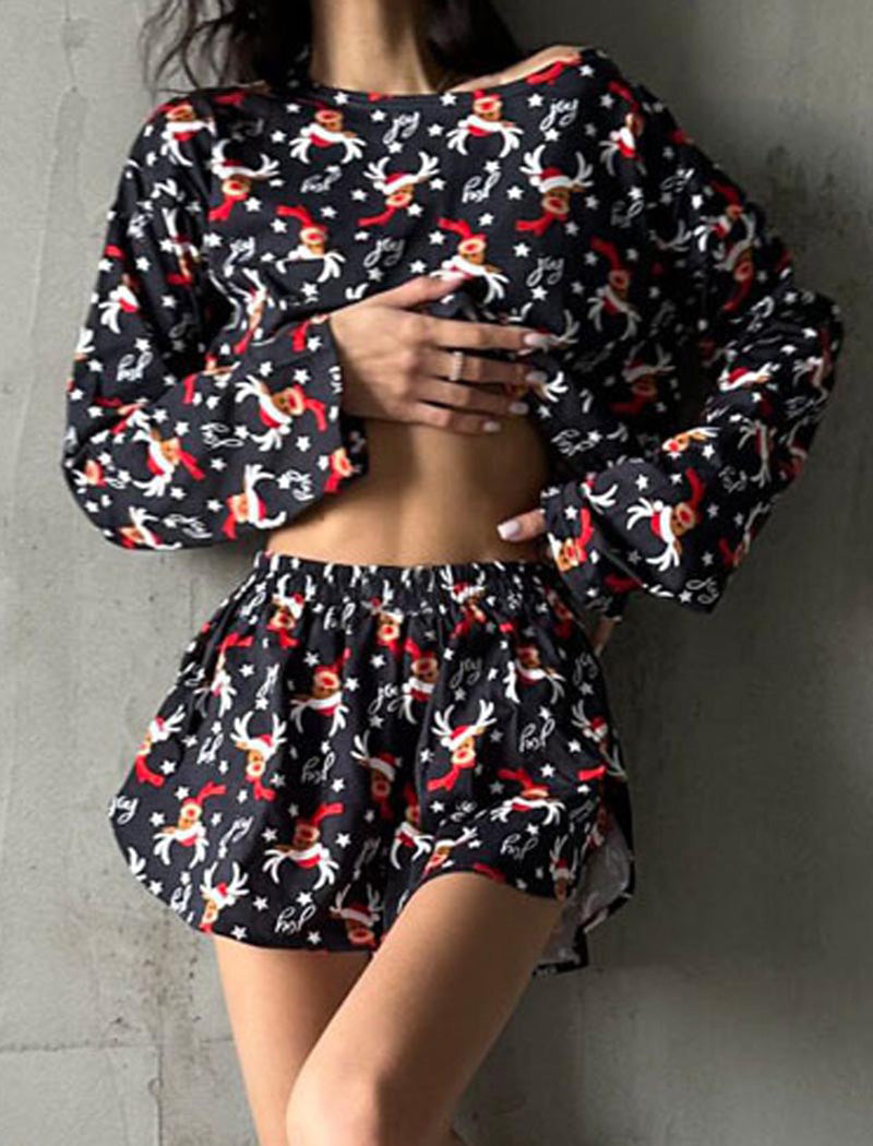 Christmas Elk Printed Crop Top and Shorts Set