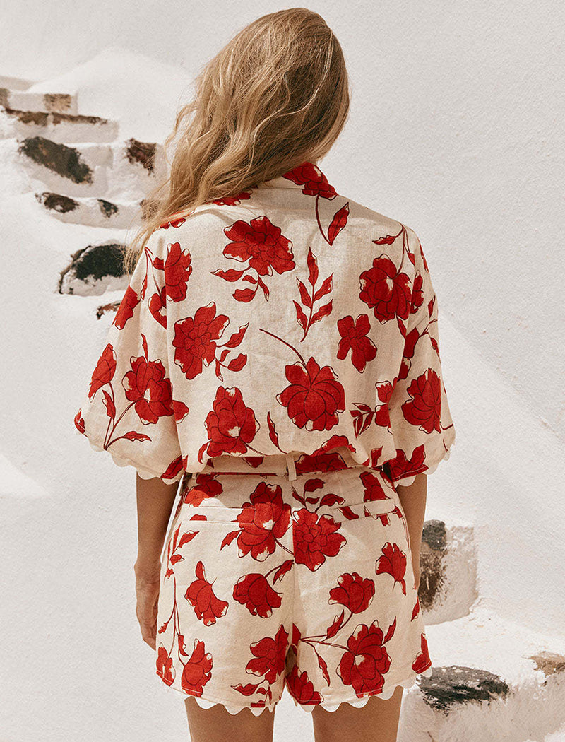 Lace-Trimmed Floral Shirt and Shorts Set