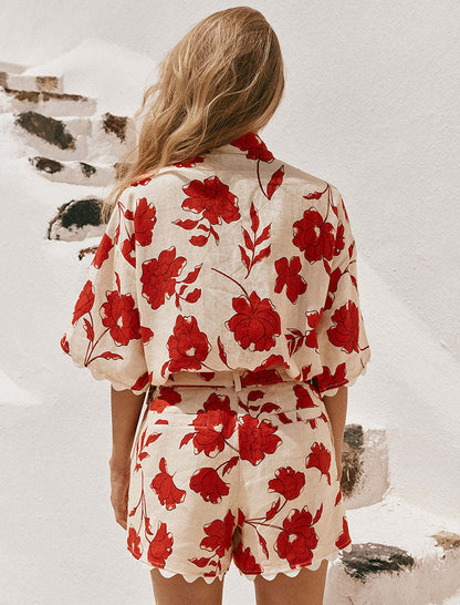 Lace-Trimmed Floral Shirt and Shorts Set