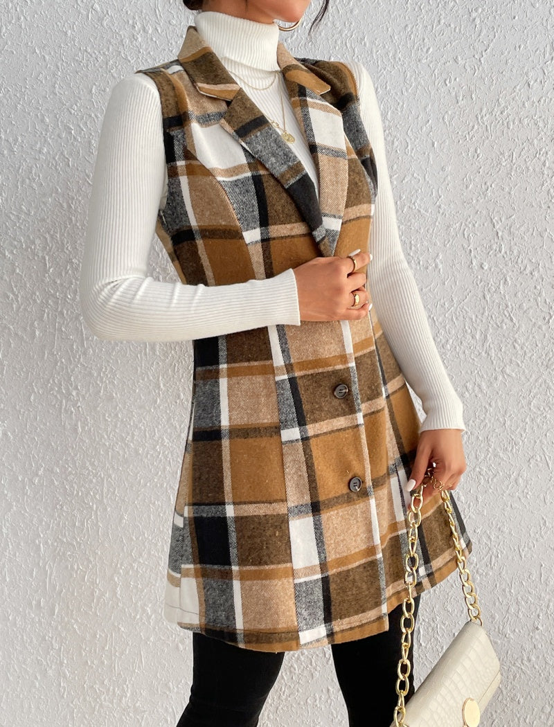 Plaid Sleeveless Long Vest