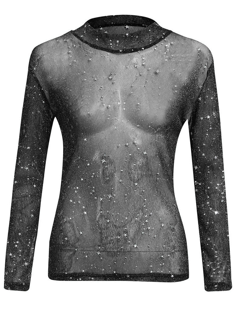 Star-Patterned Sheer Mock Neck Top