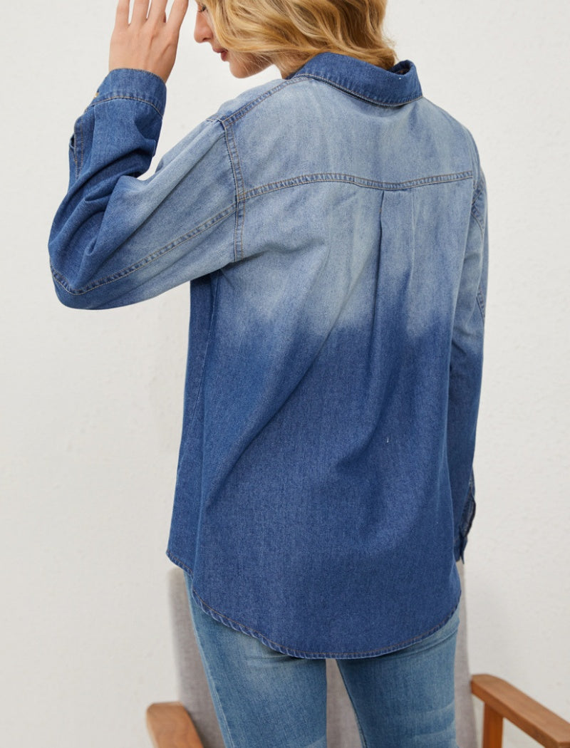 Button-Up Denim Shirt with Front Pockets