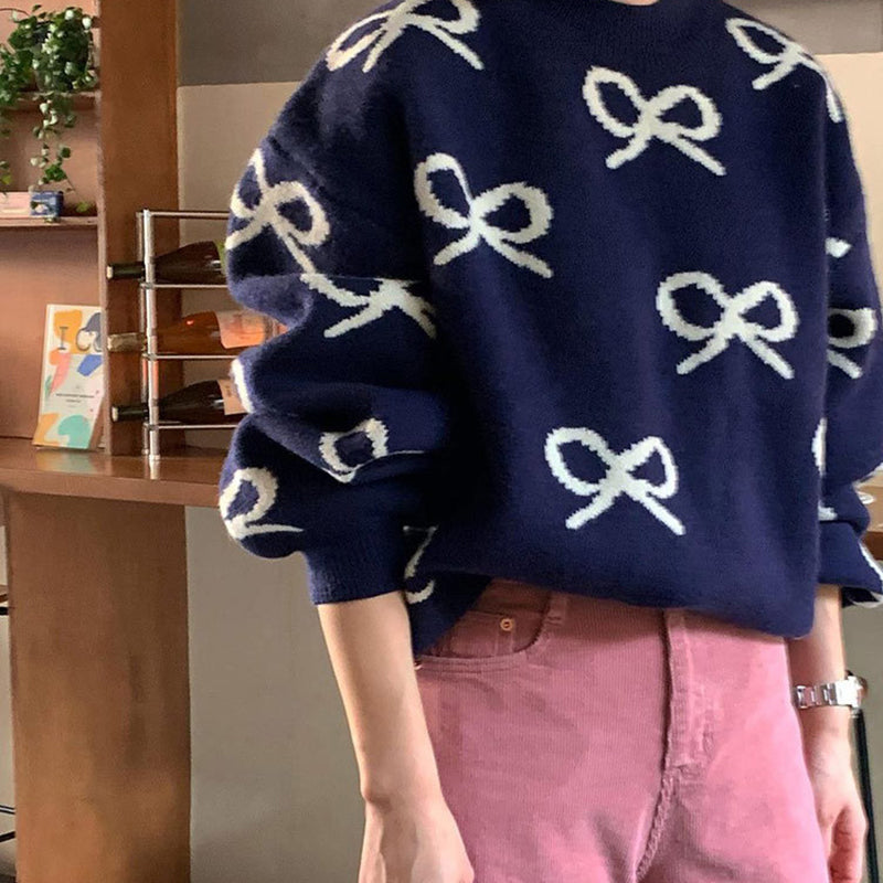 Round Neck Jacquard Bow Tie Long Sleeve Sweater