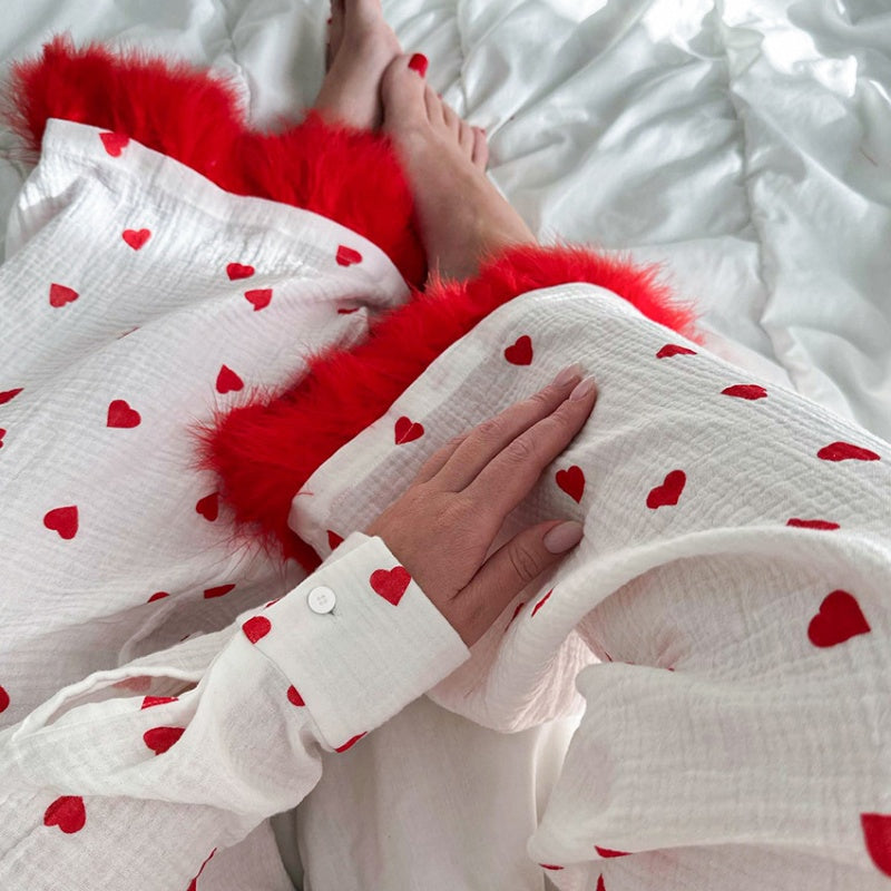 Heart Print Pajama Set with Feather Trim
