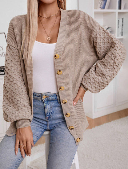 V-Neck Textured Sleeve Buttoned Cardigan