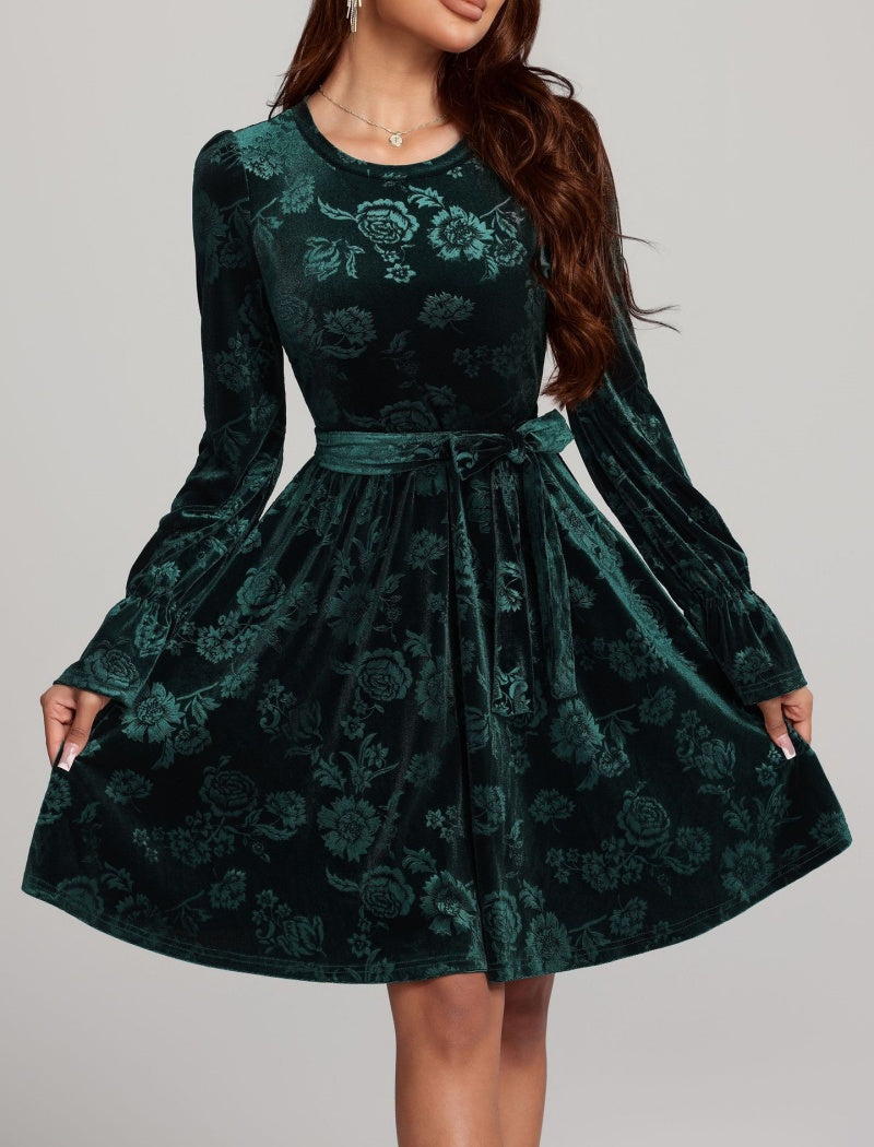 Floral Embossed Long Sleeve Fit-and-Flare Dress