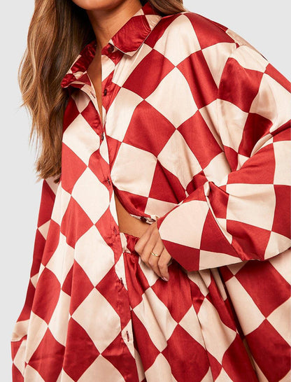 Checkerboard Print Satin Pajama Set