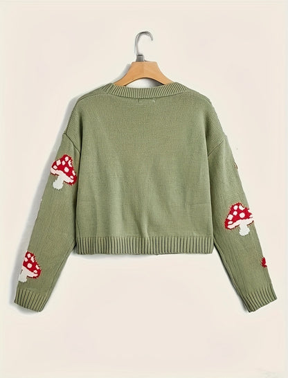 Button-Up Cardigan with Mushroom Patterns