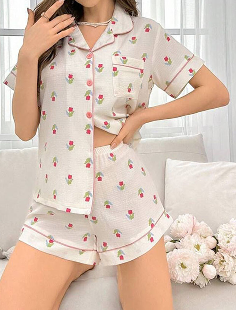 Floral Print Pocket Lounge Set Pajamas