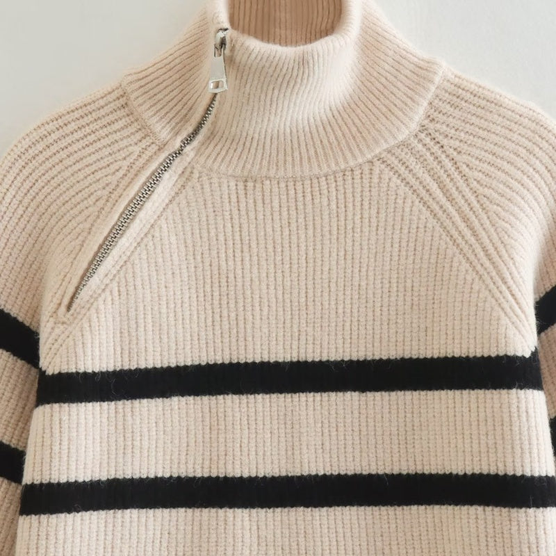 Striped High-Neck Pullover Sweater