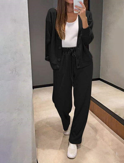 Buttoned Cardigan and Wide-Leg Pants Set