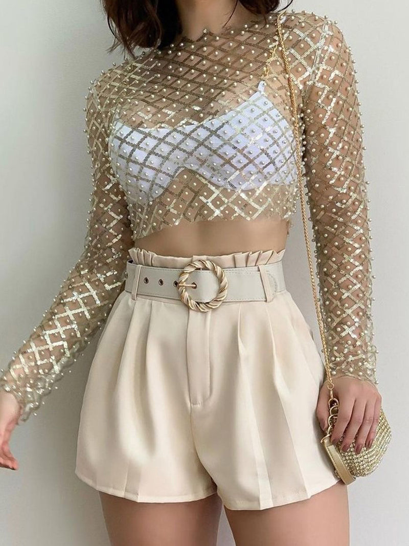 Beaded Mesh Long Sleeve Crop Top