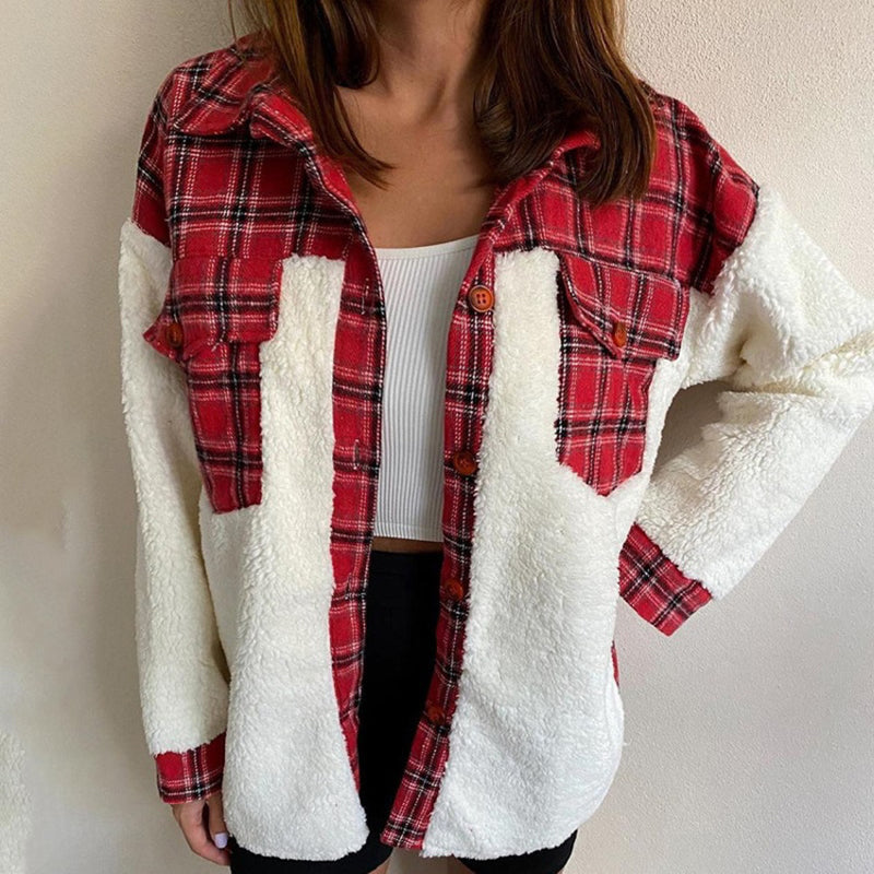 Button-Front Patchwork Fleece Jacket