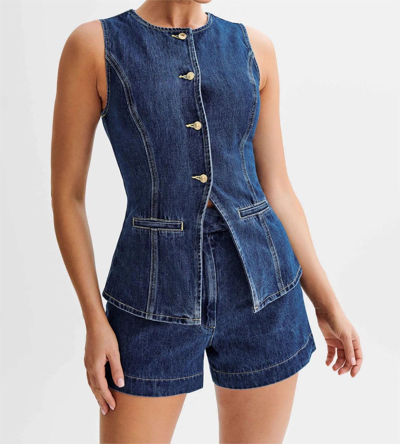 Denim Vest and  High-Waist Shorts Set