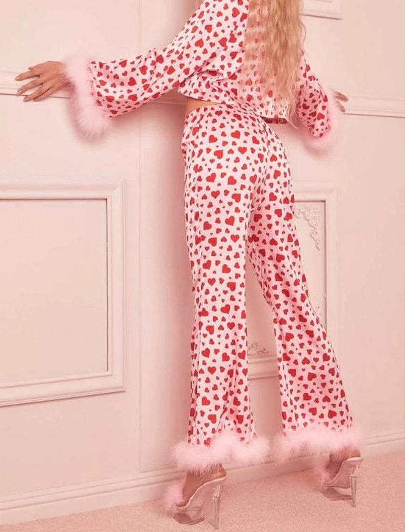 Heart Print Feather Trim Top and Pants Pajama Set