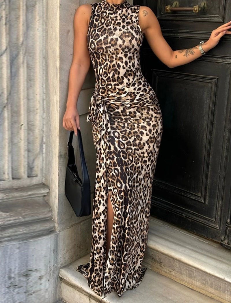 Sleeveless Leopard Print Maxi Dress