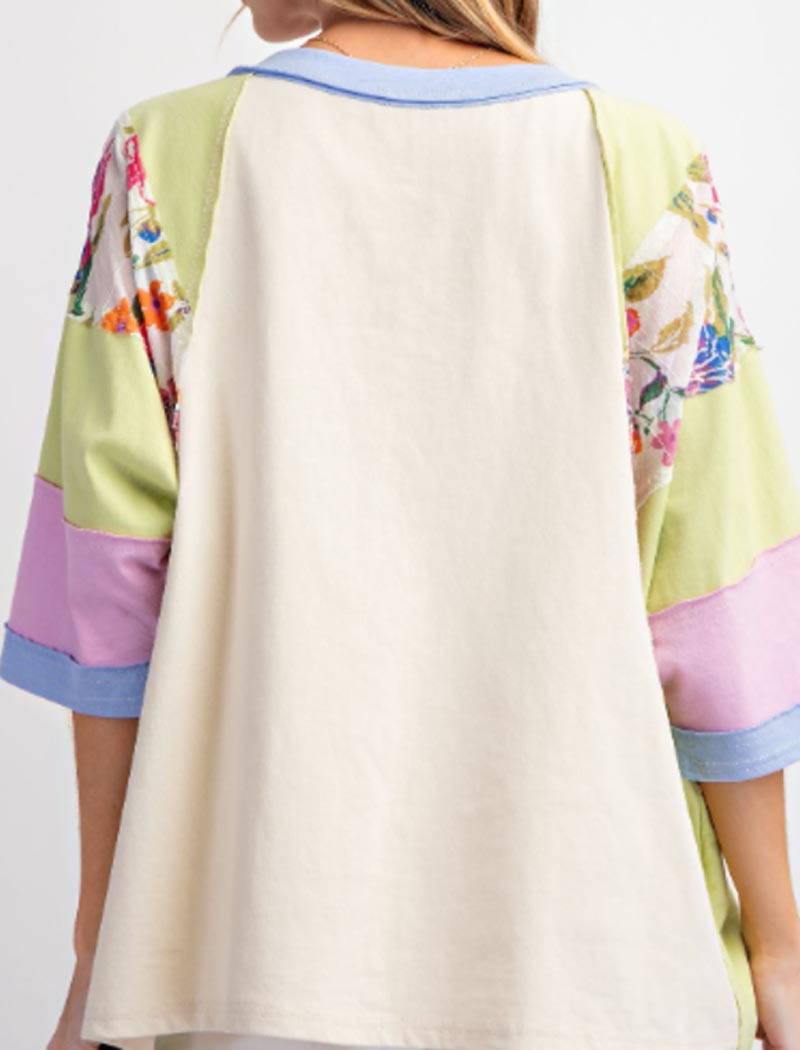 Striped Floral Panel Raglan Top