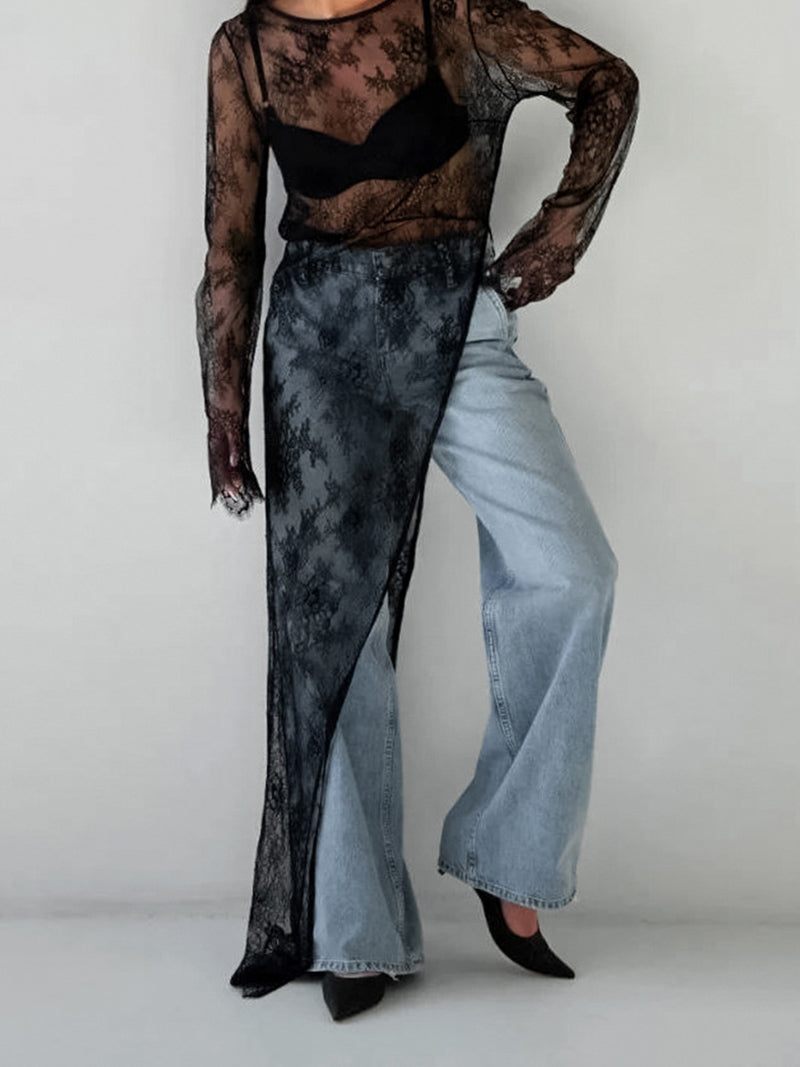 Sheer Lace Asymmetrical Long-Sleeve Top