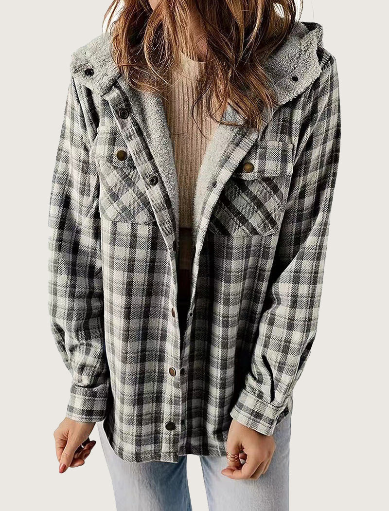 Hooded Plaid Shacket with Pocket Detail