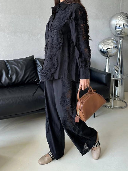 Lace Button-Up Shirt and Drawstring Pants Set