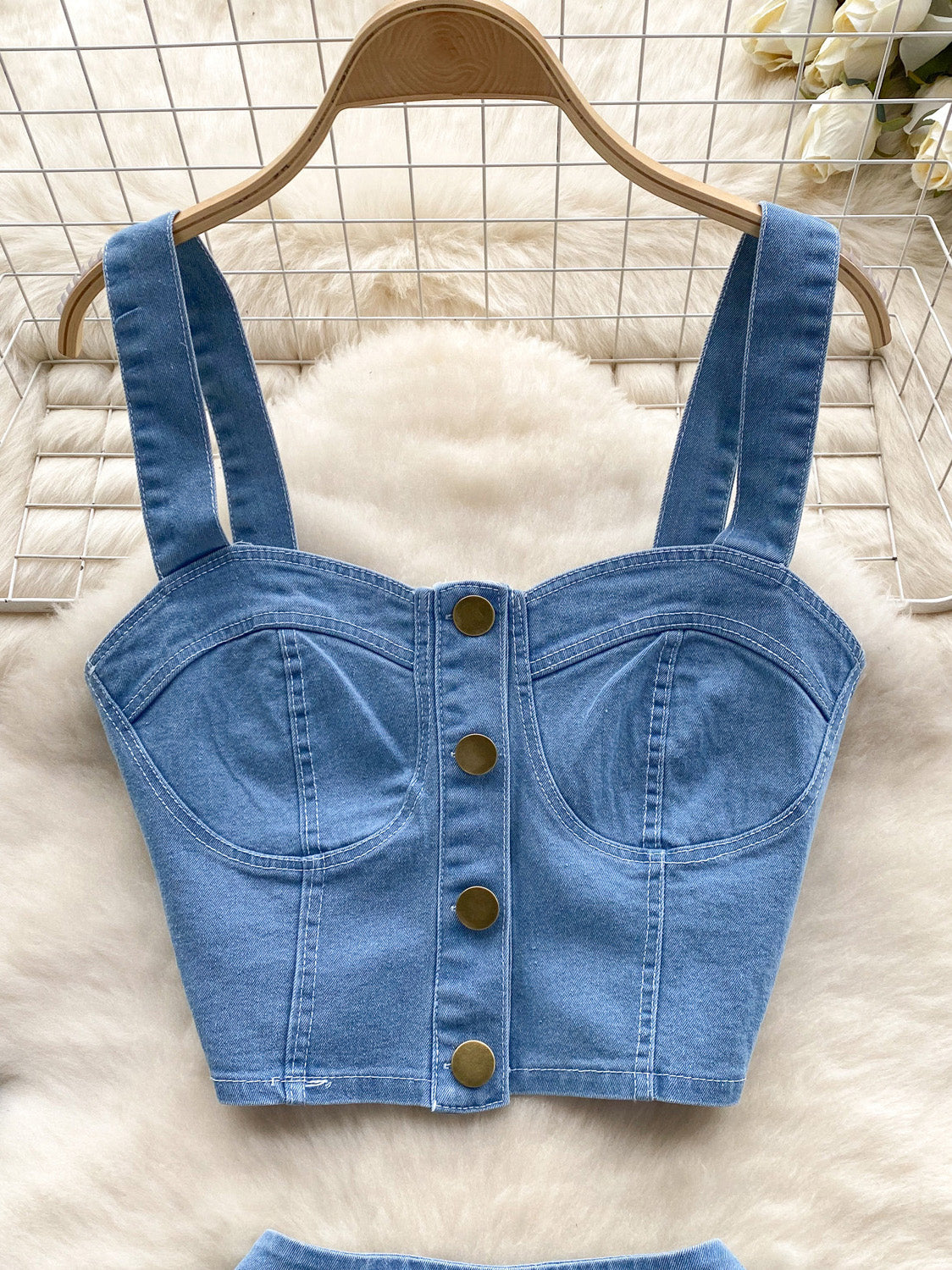 Denim Corset Top &amp; Pleated Mini Skirt Set