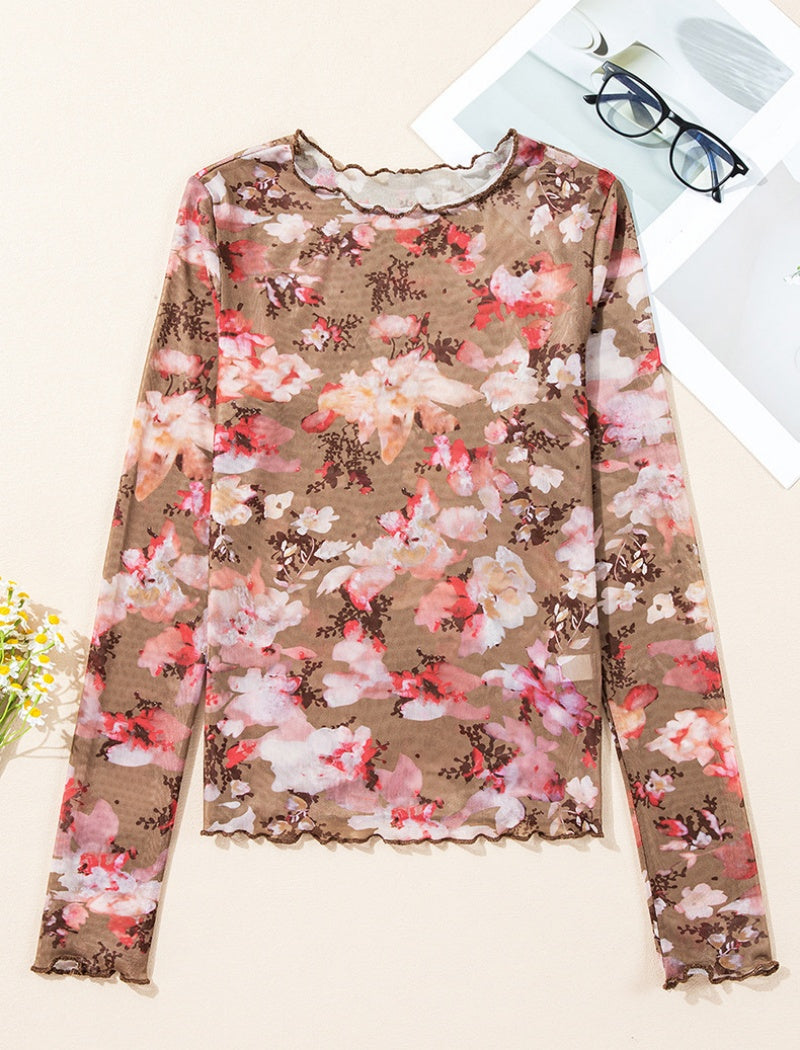 Floral Print Sheer Mesh Long-Sleeve Top