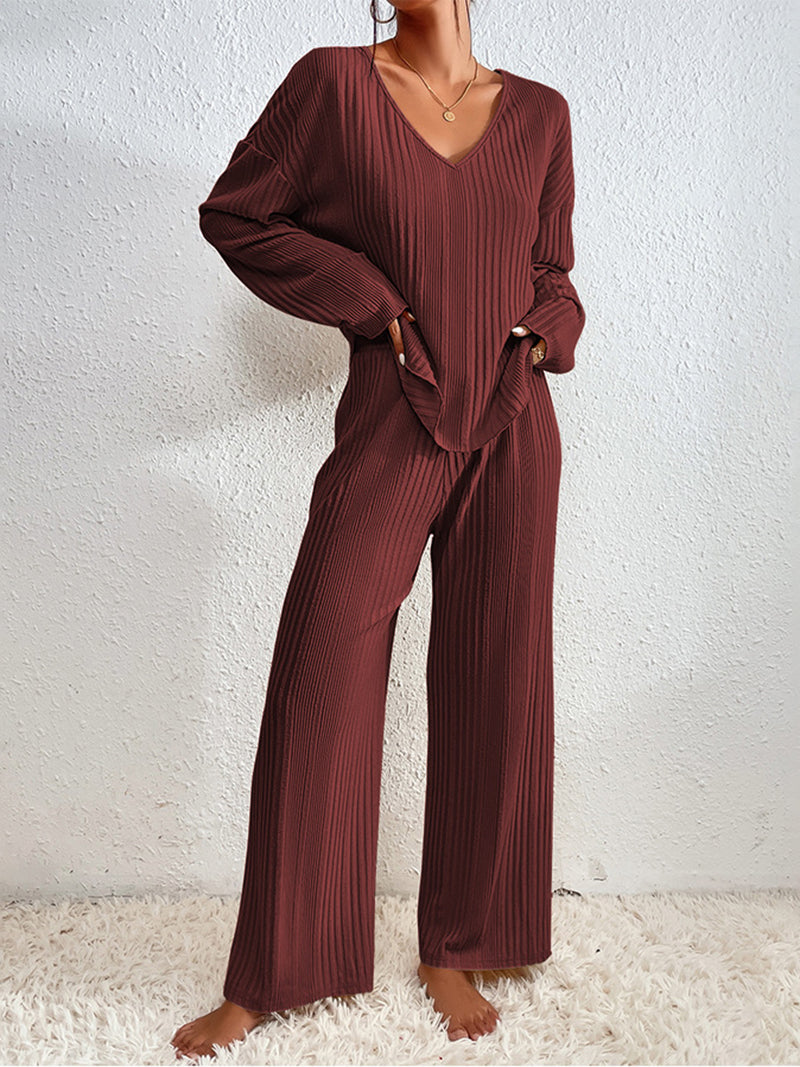 Ribbed V-Neck Top and Pants Set