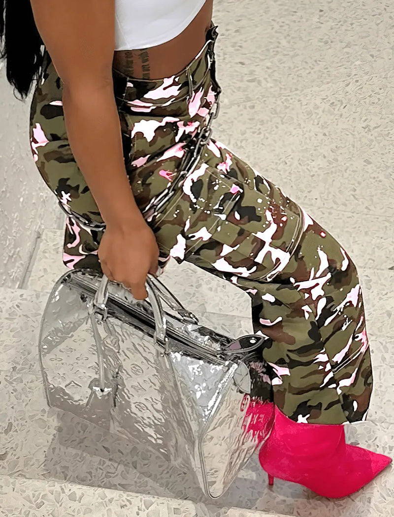 Camouflage Pattern High-Waisted Cargo Pants