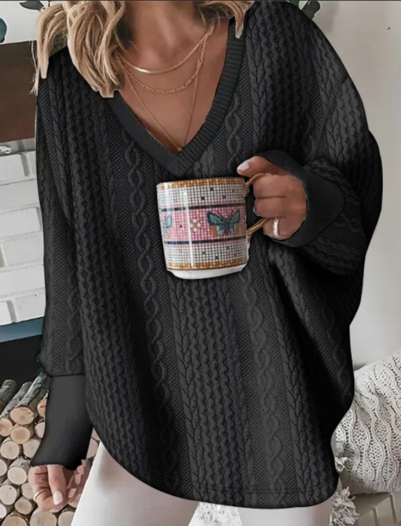 Oversized Cable-Knit V-Neck Sweater