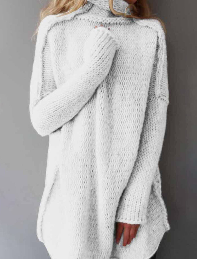 Chunky Knit High-Neck Sweater with Side Slits