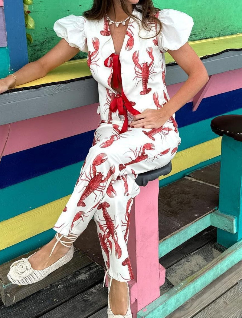 Lobster Print Bow Tie Casual Two-piece Set