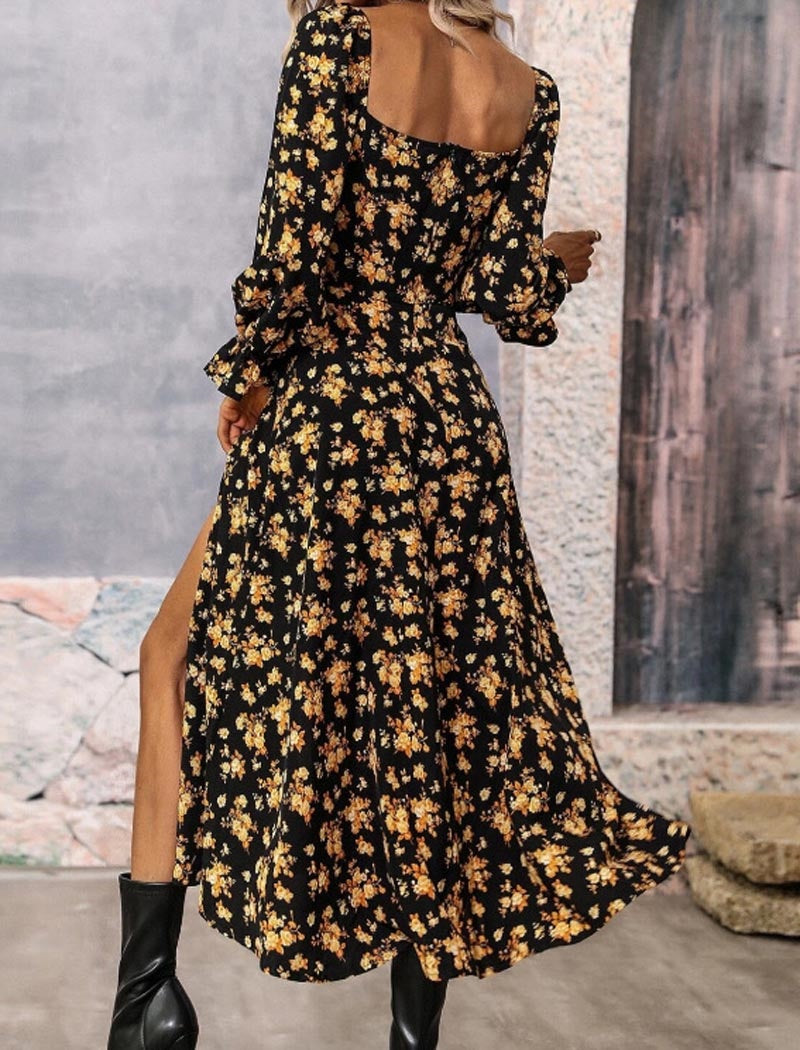 Floral Long Sleeve Backless Dress