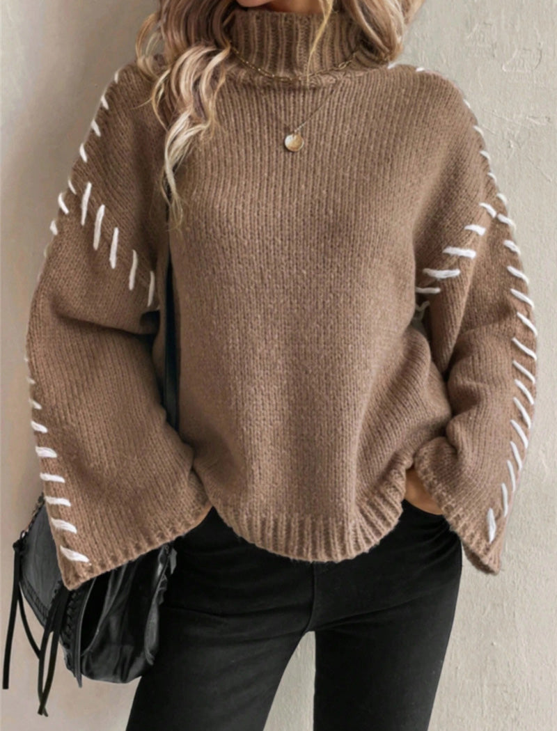 High Neck Sweater with Stitch Accents