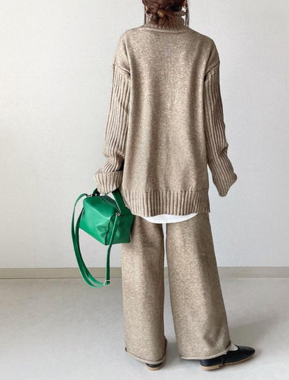 Loose High Neck Sweater and Knit Wide-Leg Pants Set