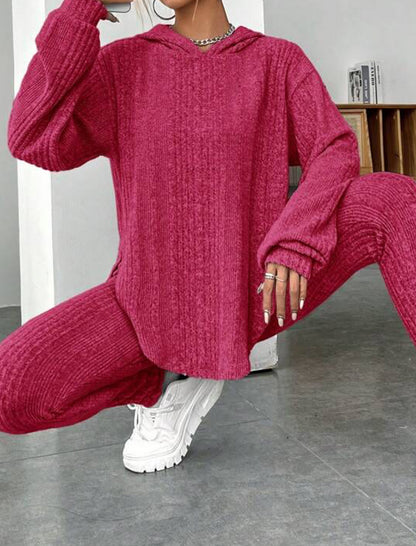 Solid Ribbed Loose Hooded Pants Set