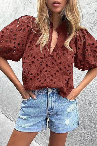 Eyelet Puff Sleeve Blouse