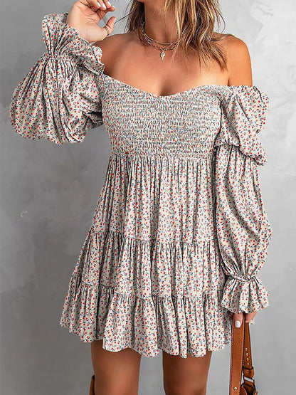 Ditsy Floral Smocked Ruffled Off-the Shoulder Mini Dress