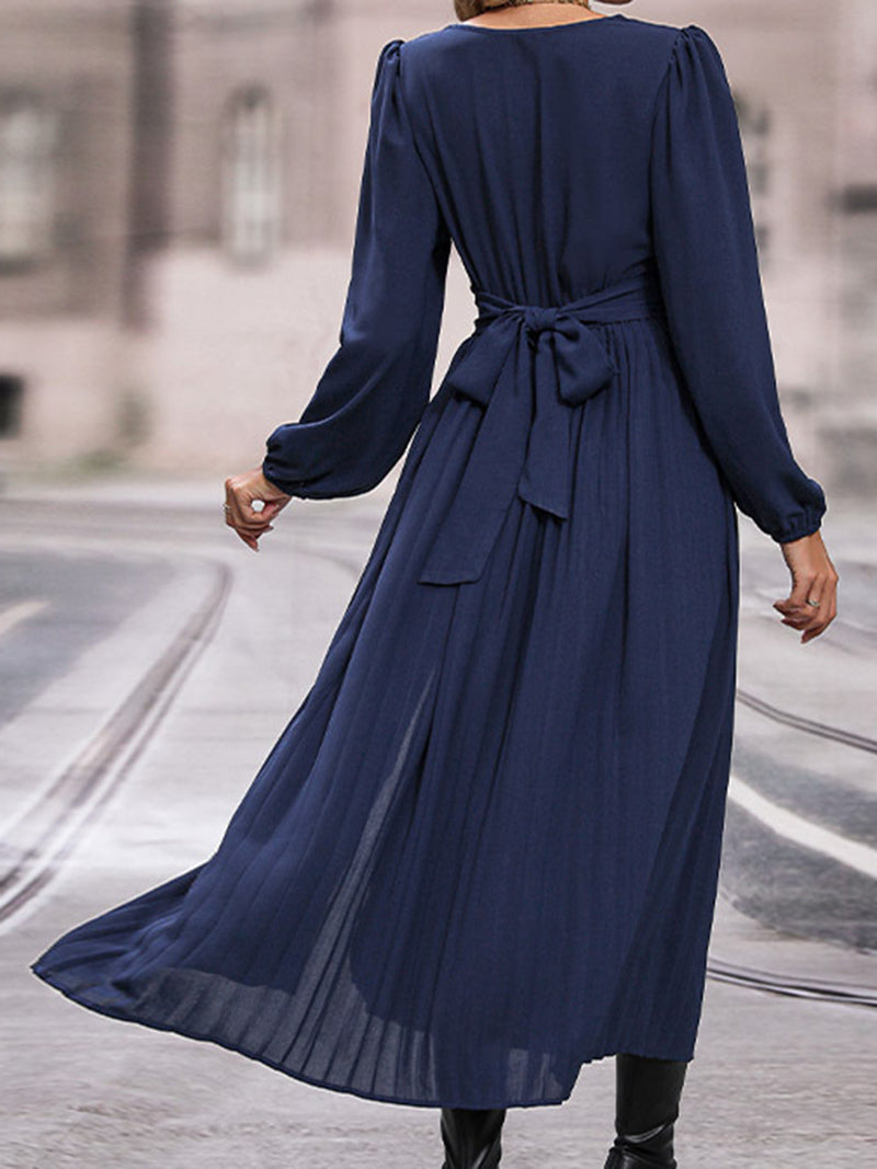 Pleated V-Neck Slit Midi Dress