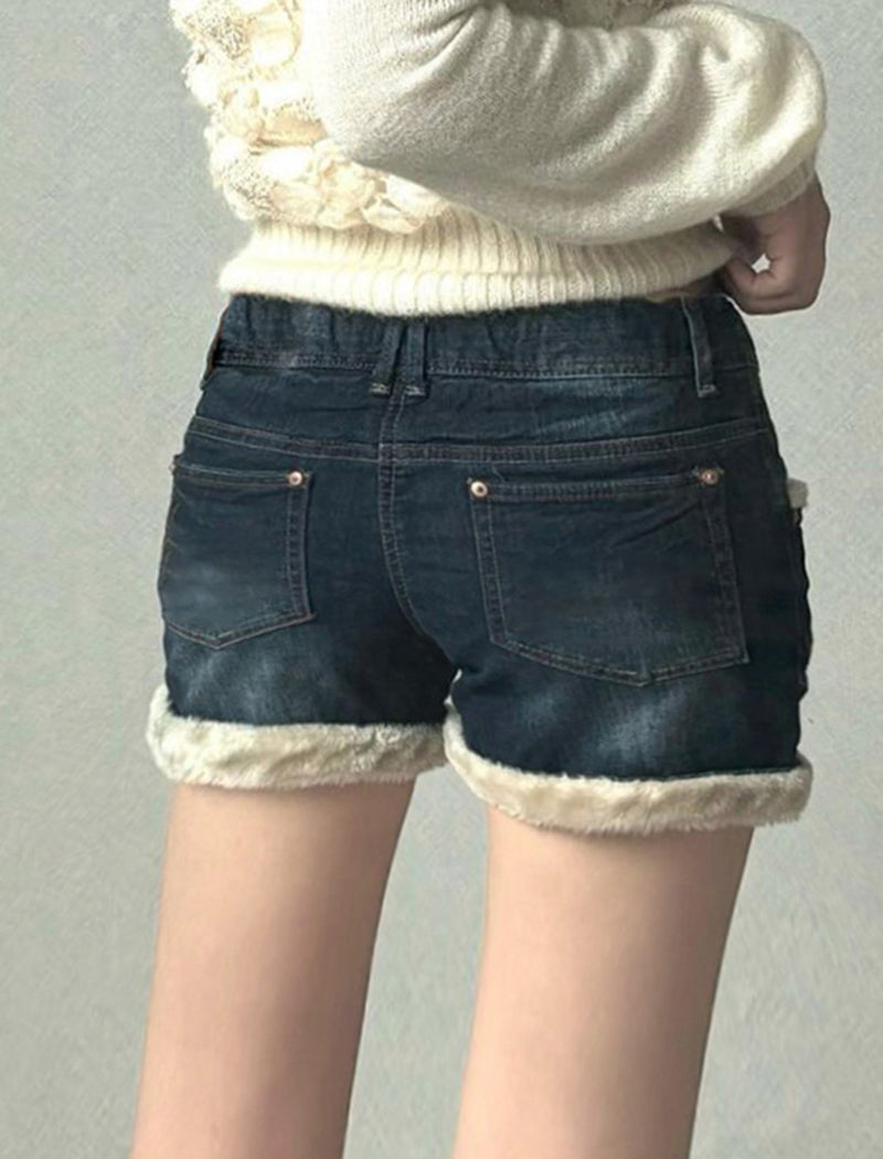 Patchwork Faux Fur Denim Shorts