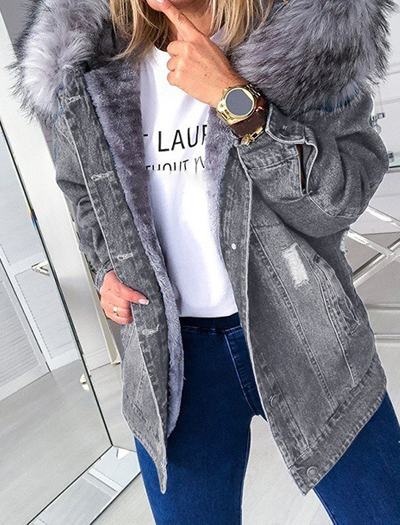 Denim Jacket with Faux Fur Trim Hood