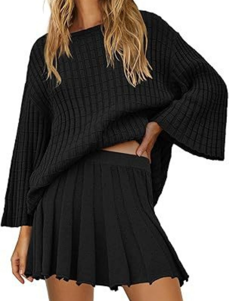 Knitted Striped Sweater and Pleated Skirt Set